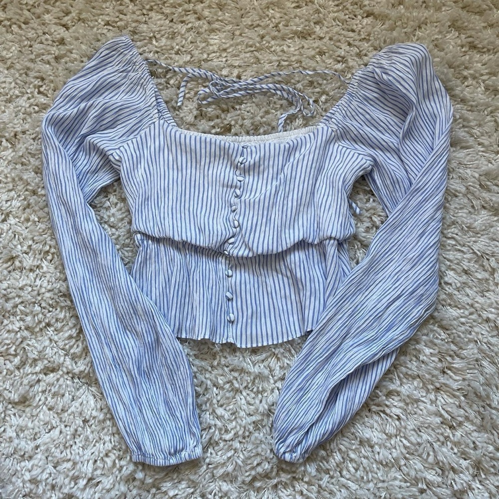 Lucy Paris Blue Off the Shoulder Puff Sleeve Crop Top